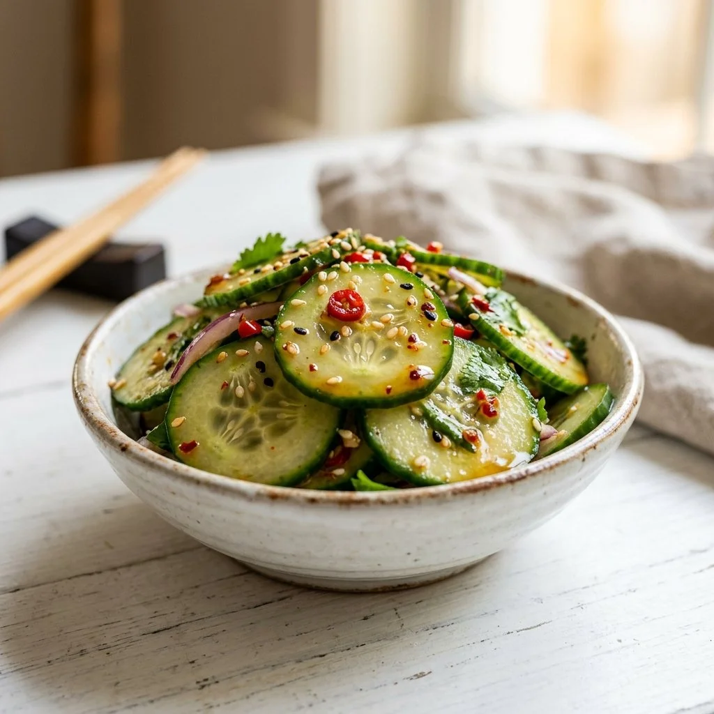 Bowl of Asian cucumber salad with fresh vegetables and dressing