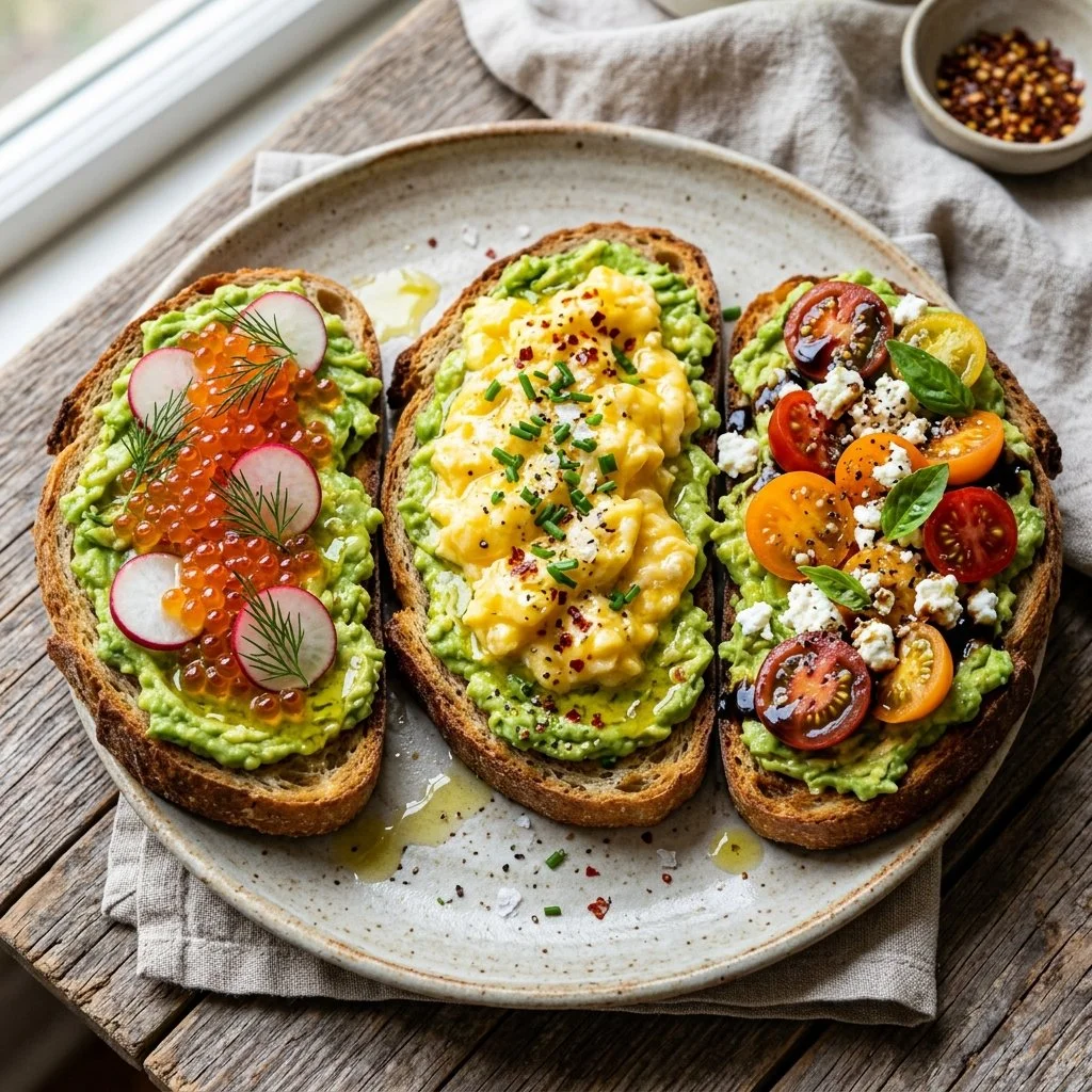 Delicious avocado toast variations with colorful toppings for a healthy meal
