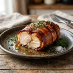 Bacon wrapped chicken breast freshly cooked and served on a plate