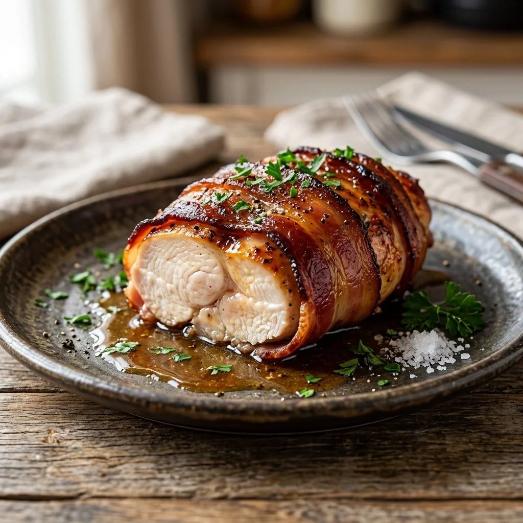 Bacon wrapped chicken breast freshly cooked and served on a plate
