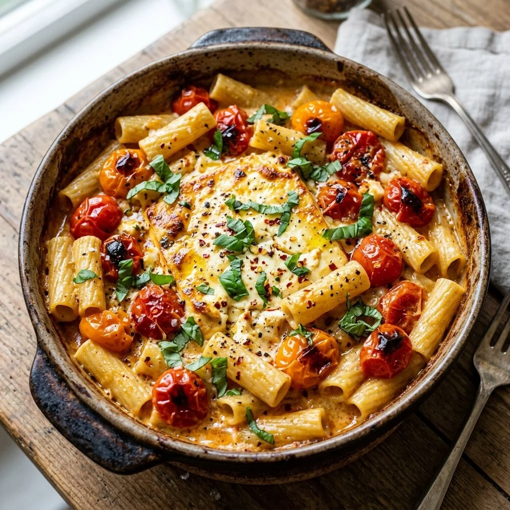 Baked feta pasta topped with fresh basil and cherry tomatoes in a serving dish.