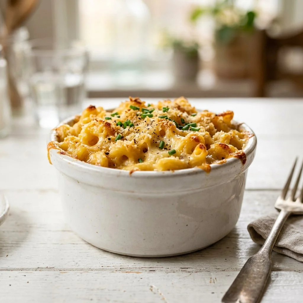 Delicious baked mac and cheese topped with crispy breadcrumbs