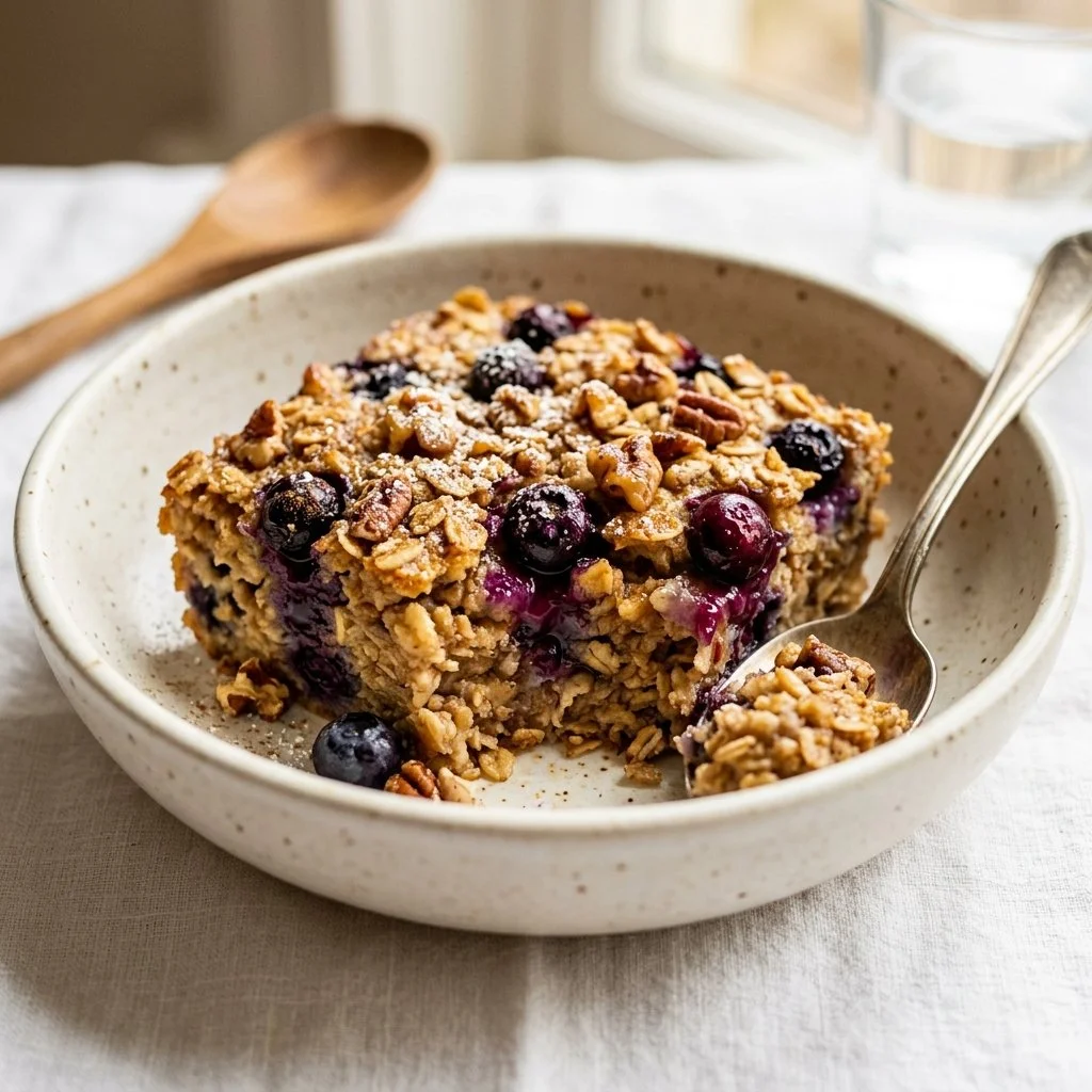 Healthy baked oatmeal served in a bowl with fruits and nuts
