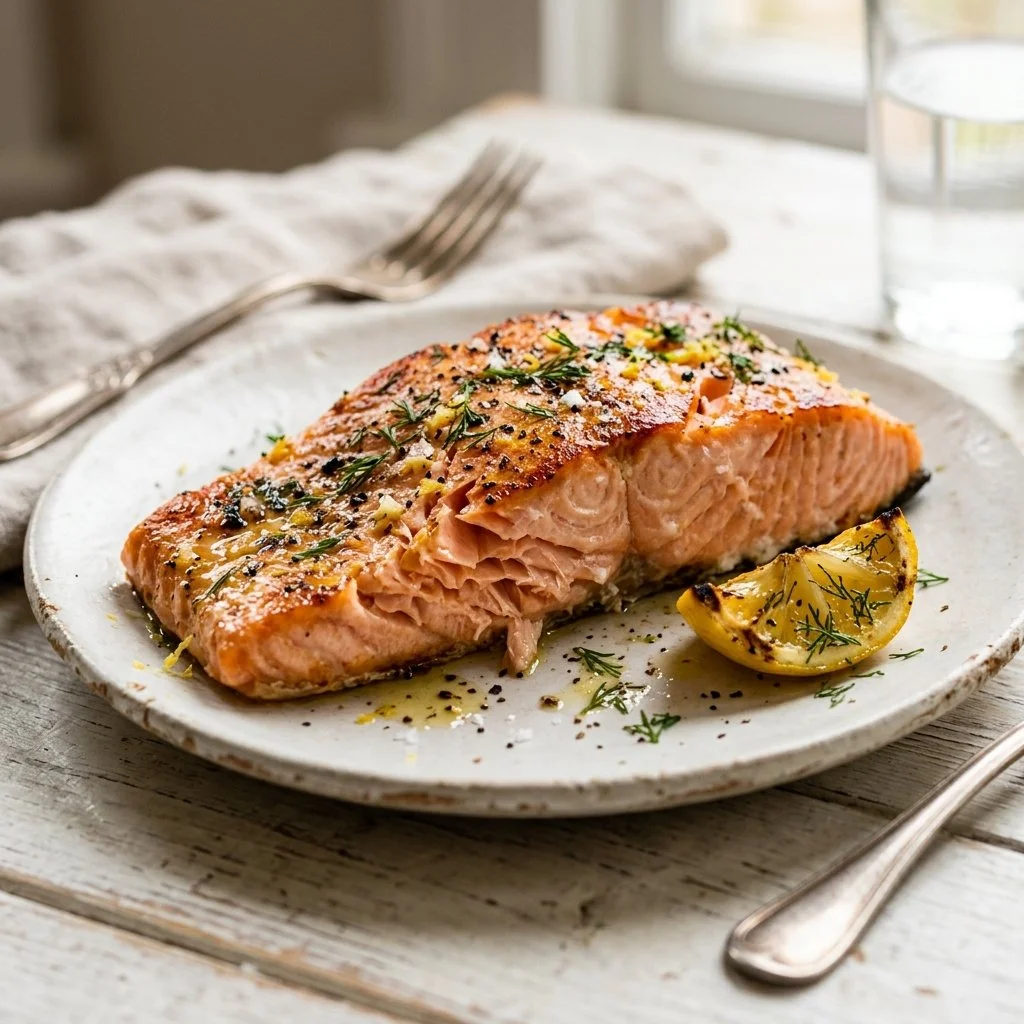 Oven-baked salmon fillet garnished with herbs and lemon slices