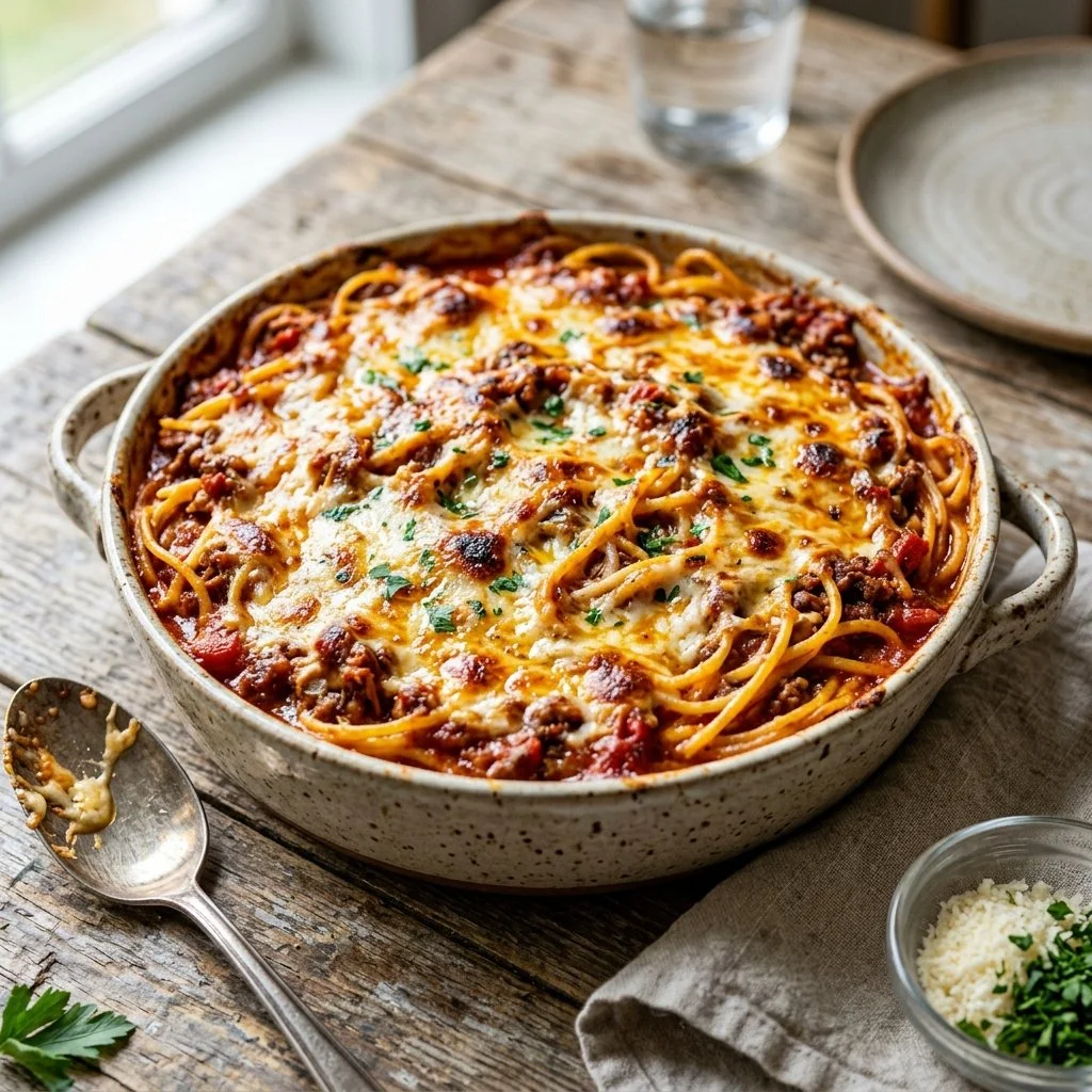 Delicious baked spaghetti topped with cheese and herbs, served in a baking dish.