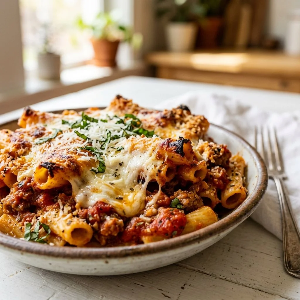 Delicious baked ziti dish topped with cheese and herbs