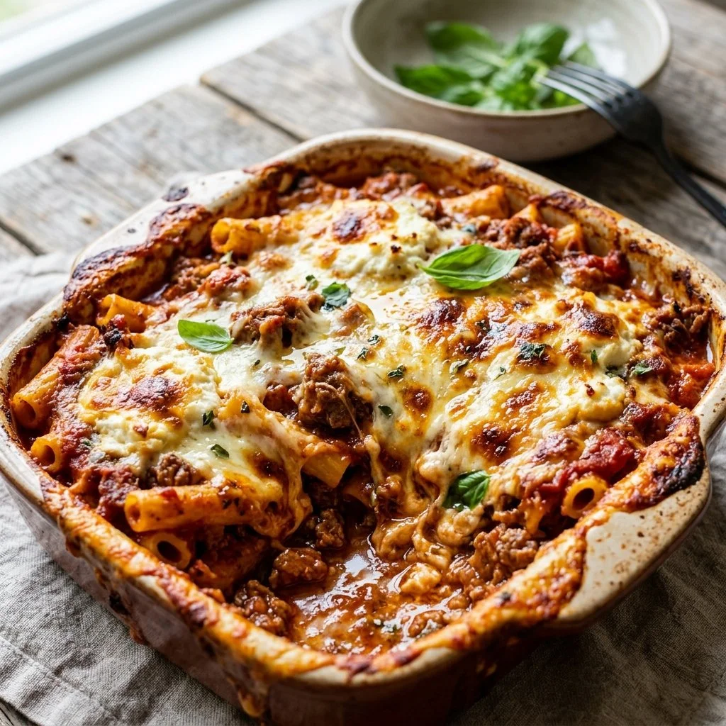 Baked ziti with meat sauce served in a casserole dish