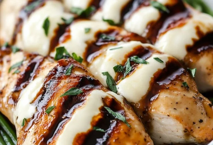 Balsamic baked chicken breast topped with melted mozzarella cheese, served on a plate.