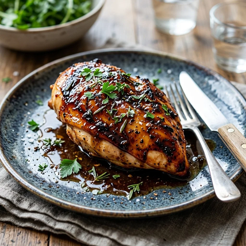 Balsamic glazed chicken served on a plate with vegetables and herbs