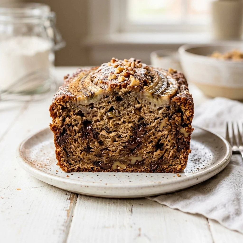 Delicious homemade banana bread slice on a wooden board
