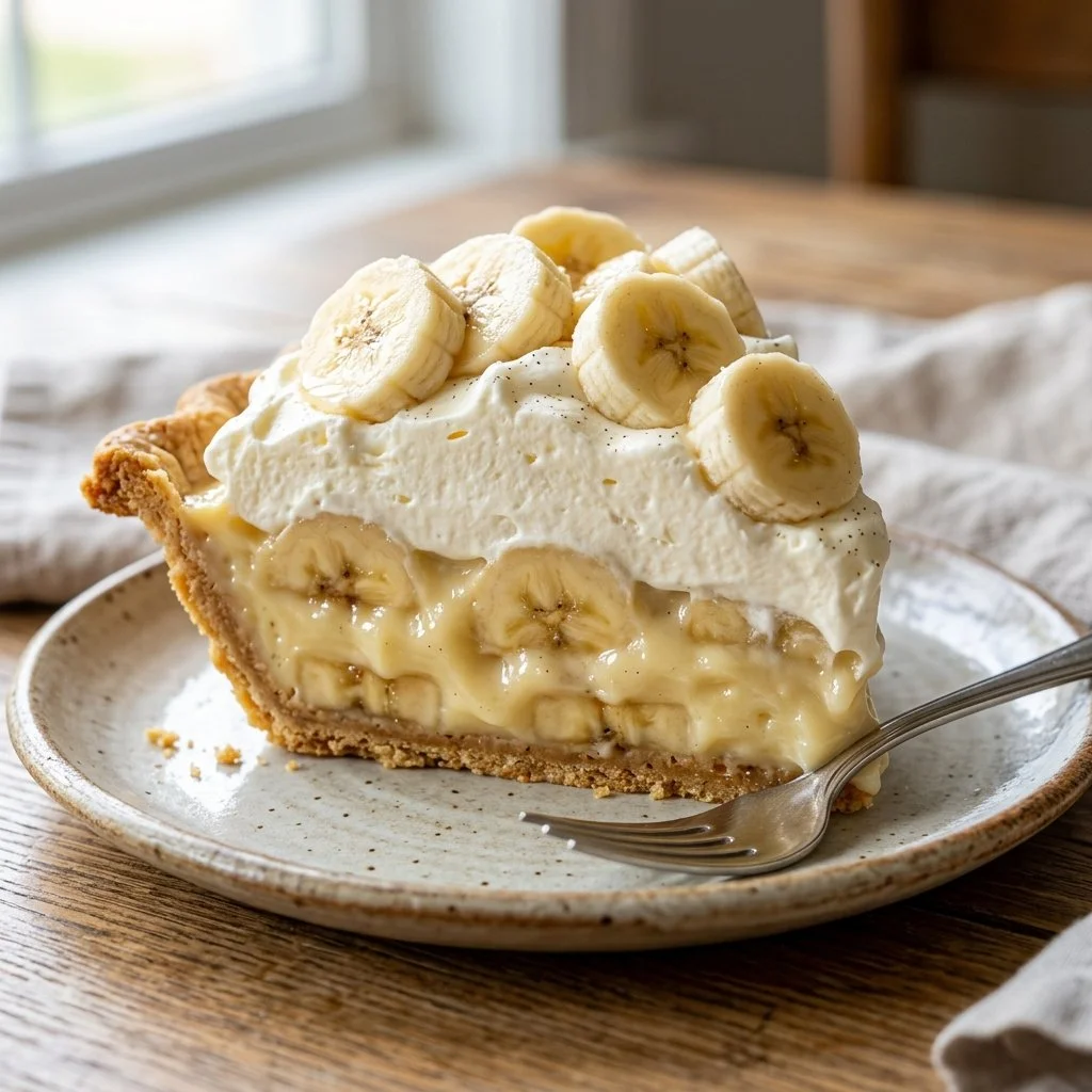 Delicious slice of homemade Banana Cream Pie topped with whipped cream