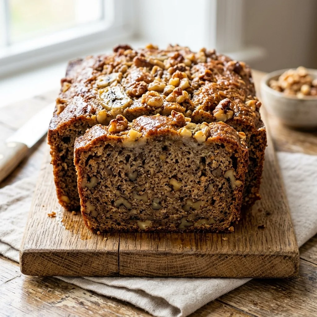 Freshly baked Banana Nut Bread with walnuts on a wooden table