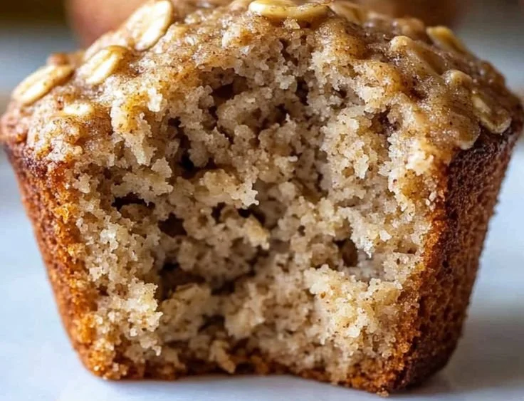 Plate of homemade Banana Oatmeal Muffins with oats and bananas