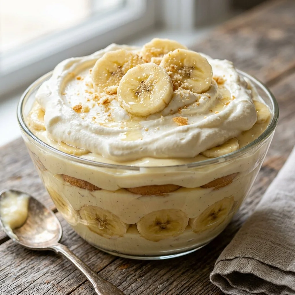 Delicious homemade banana pudding served in a glass bowl with vanilla wafers