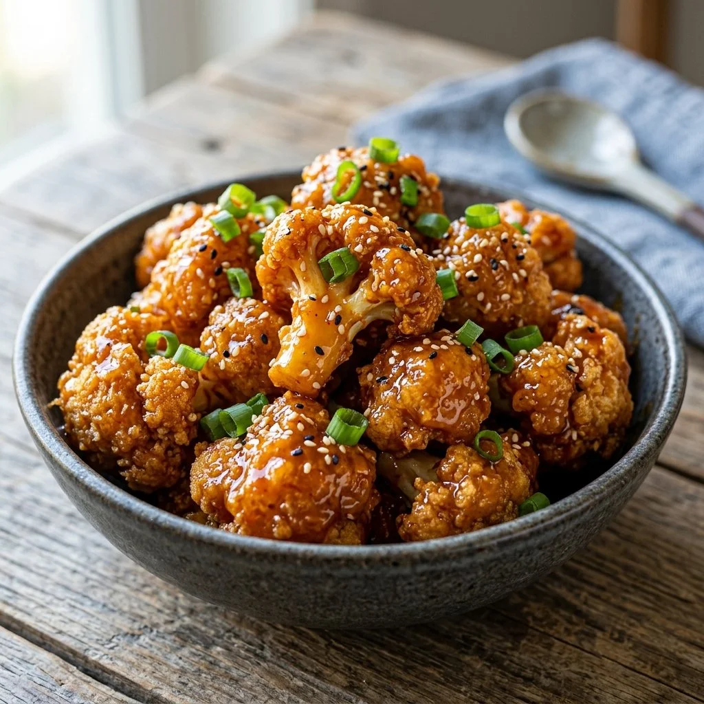 Delicious Bang Bang Cauliflower served with a spicy sauce.