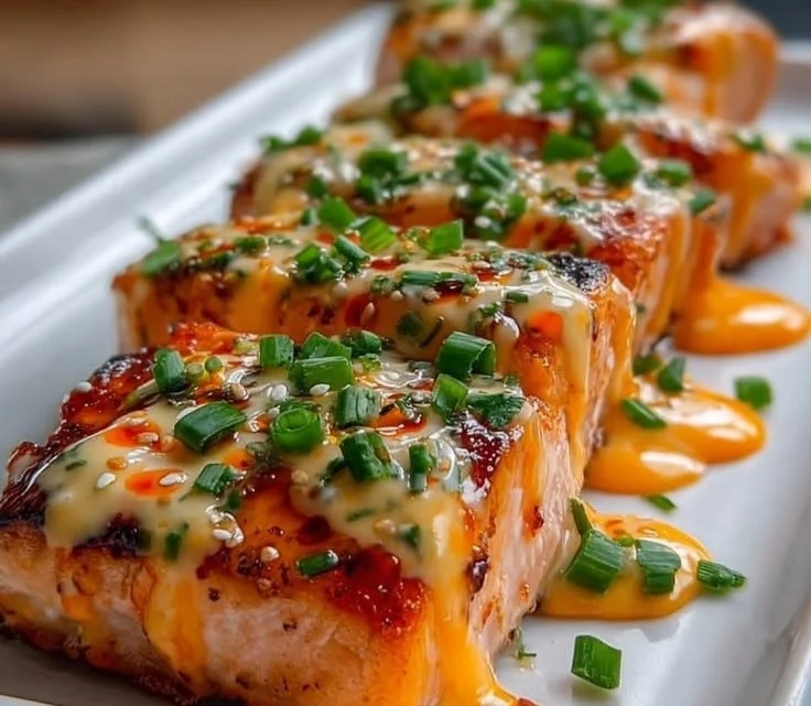 Delicious Bang Bang Salmon plated with vibrant vegetables and sauces.