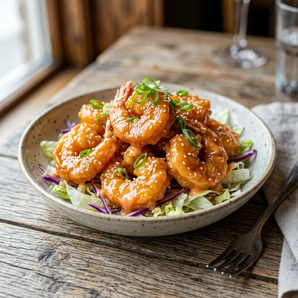 Plate of tasty Bang Bang Shrimp with spicy sauce and garnishes.