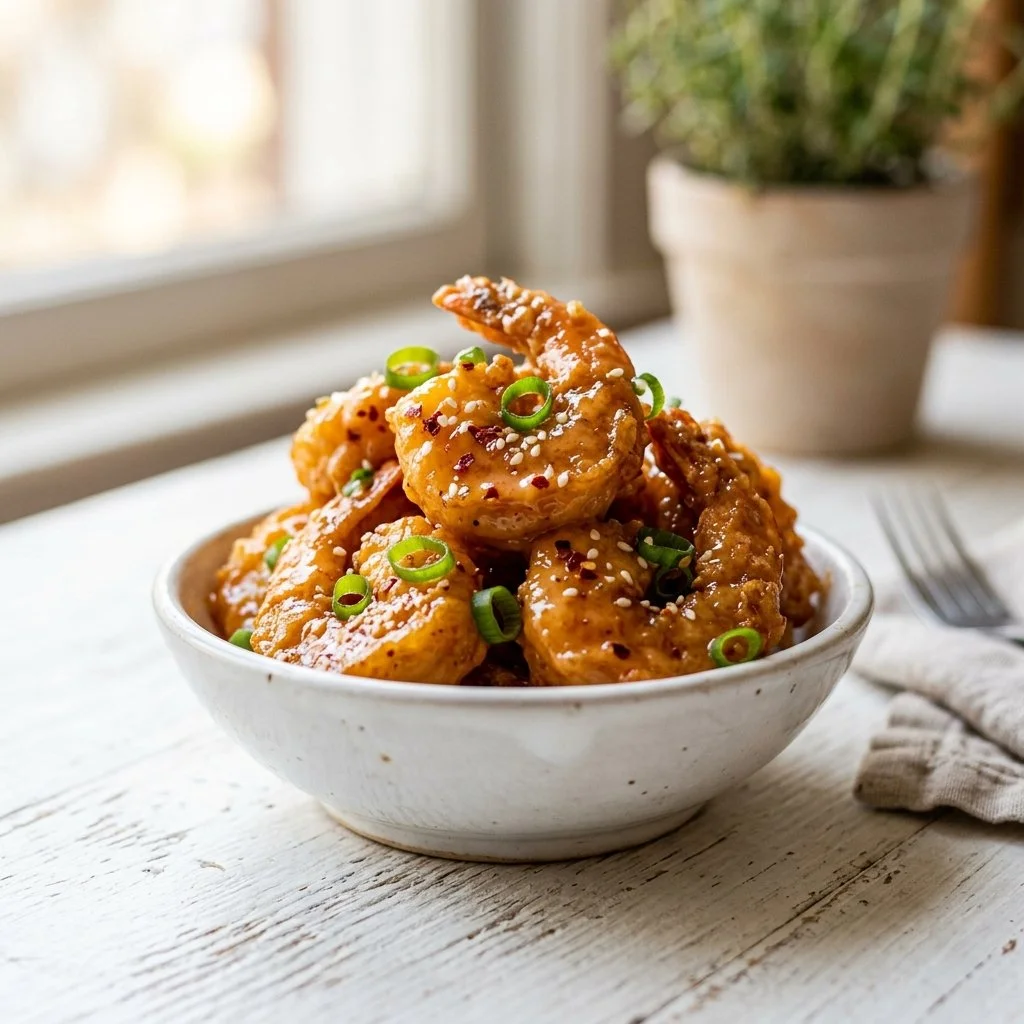 Crispy Bang Bang Shrimp served with spicy mayo and garnished with scallions