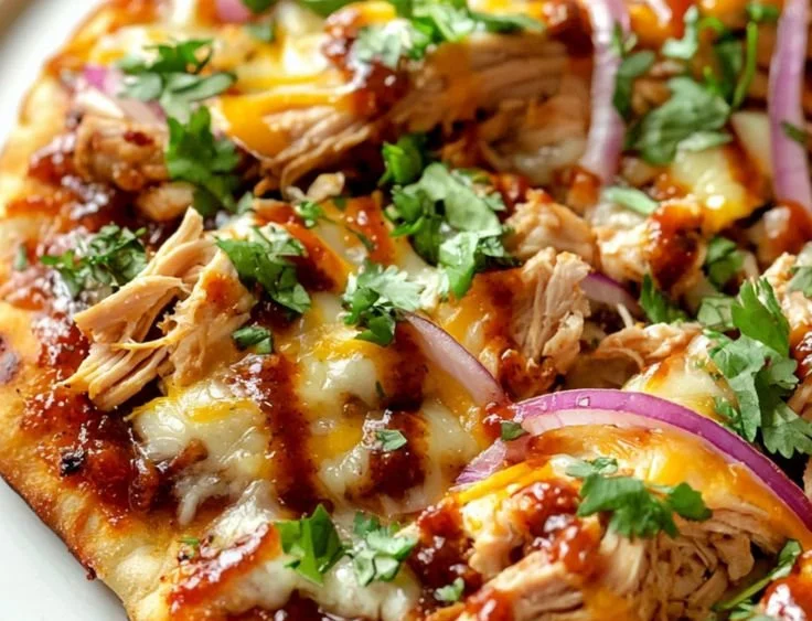 Delicious BBQ chicken flatbread topped with fresh ingredients