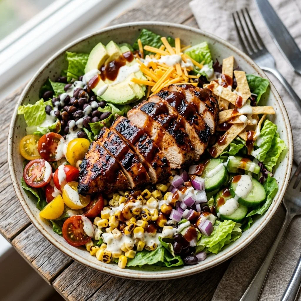 BBQ Chicken Salad with grilled chicken, fresh vegetables, and dressing