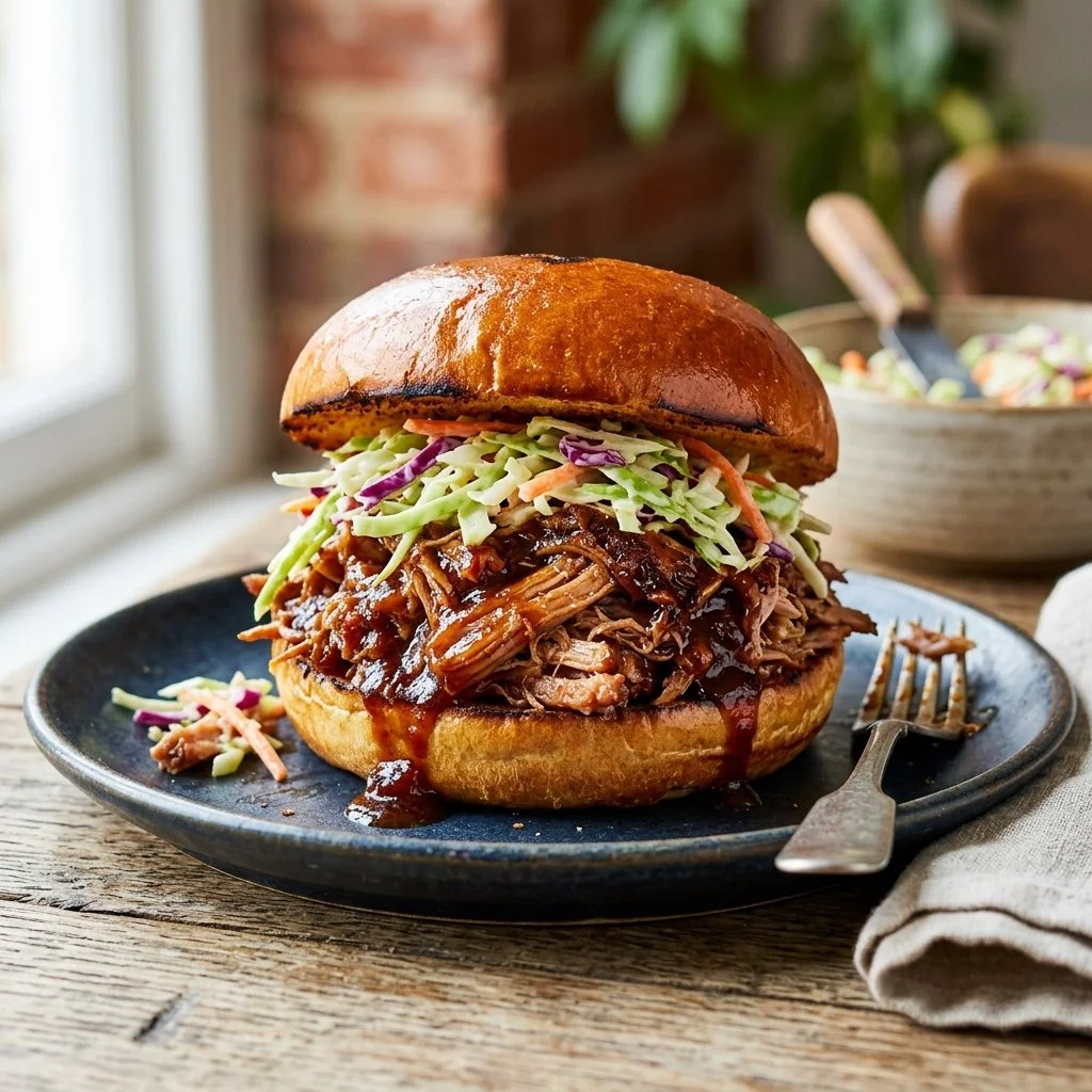 Delicious BBQ pulled pork sandwich served with coleslaw on top