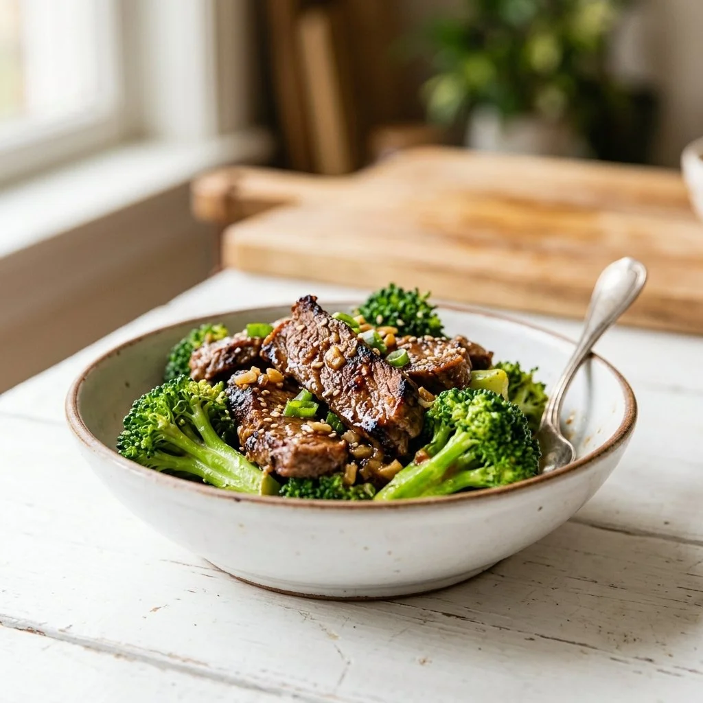Delicious beef and broccoli stir-fry served in a bowl with rice