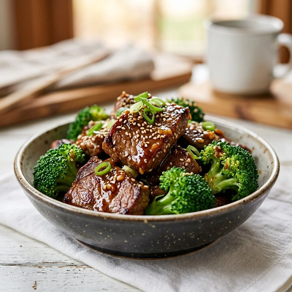 Delicious beef and broccoli stir-fry served in a bowl