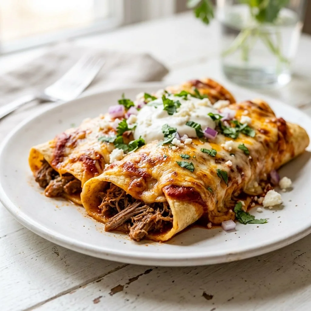 Delicious beef enchiladas topped with cheese and salsa, served on a plate