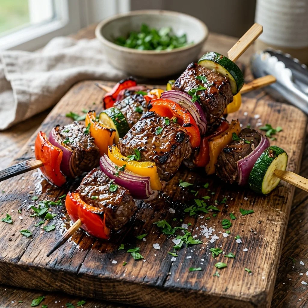 Grilled beef kabobs with colorful vegetables on a skewer
