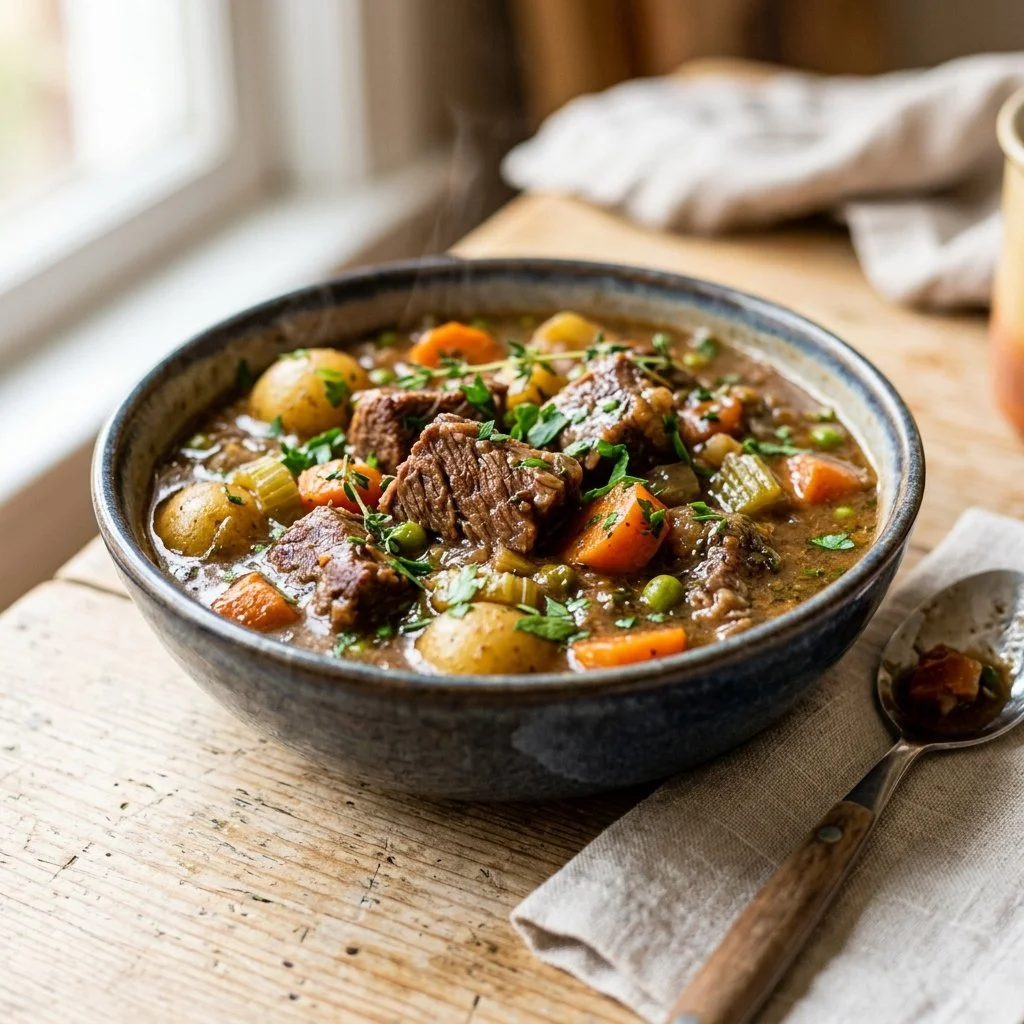 Hearty beef stew simmering in a pot with vegetables and herbs