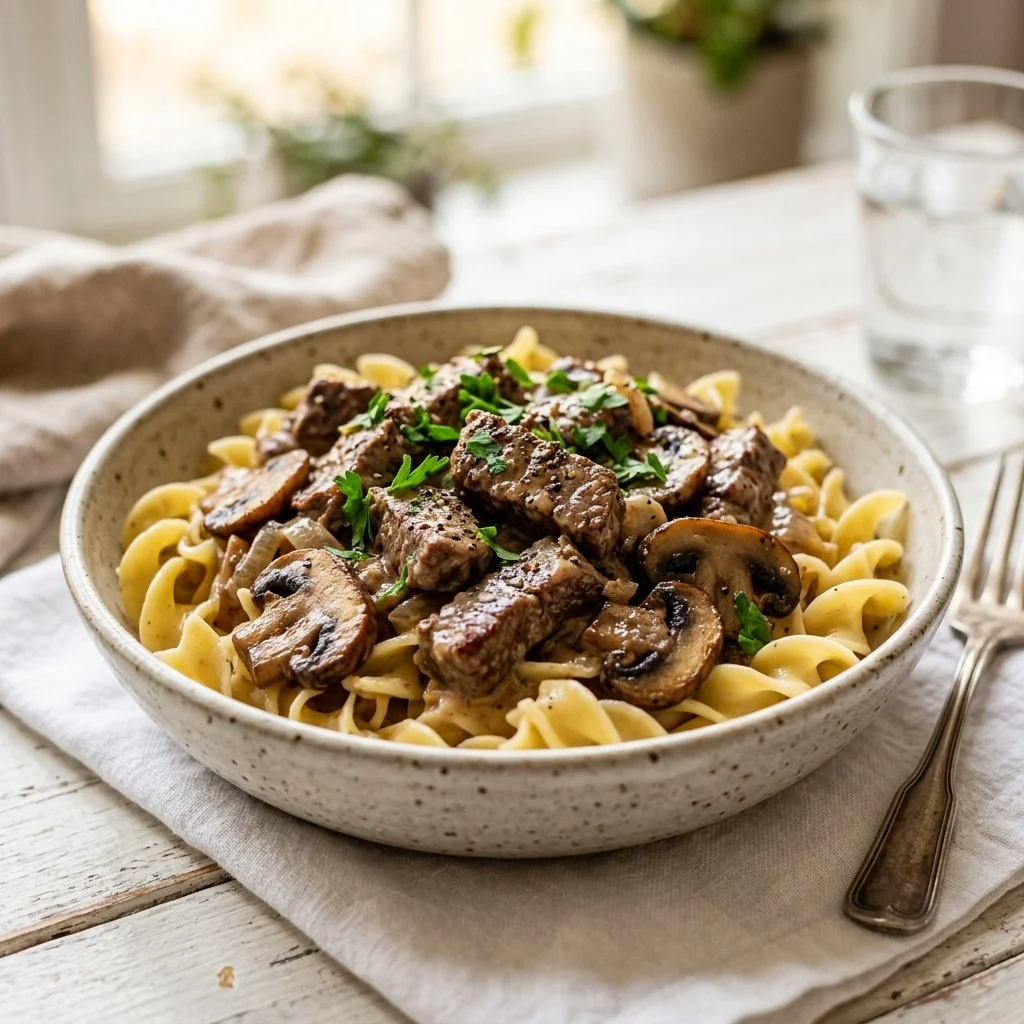 Savory Beef Stroganoff served with egg noodles and fresh parsley