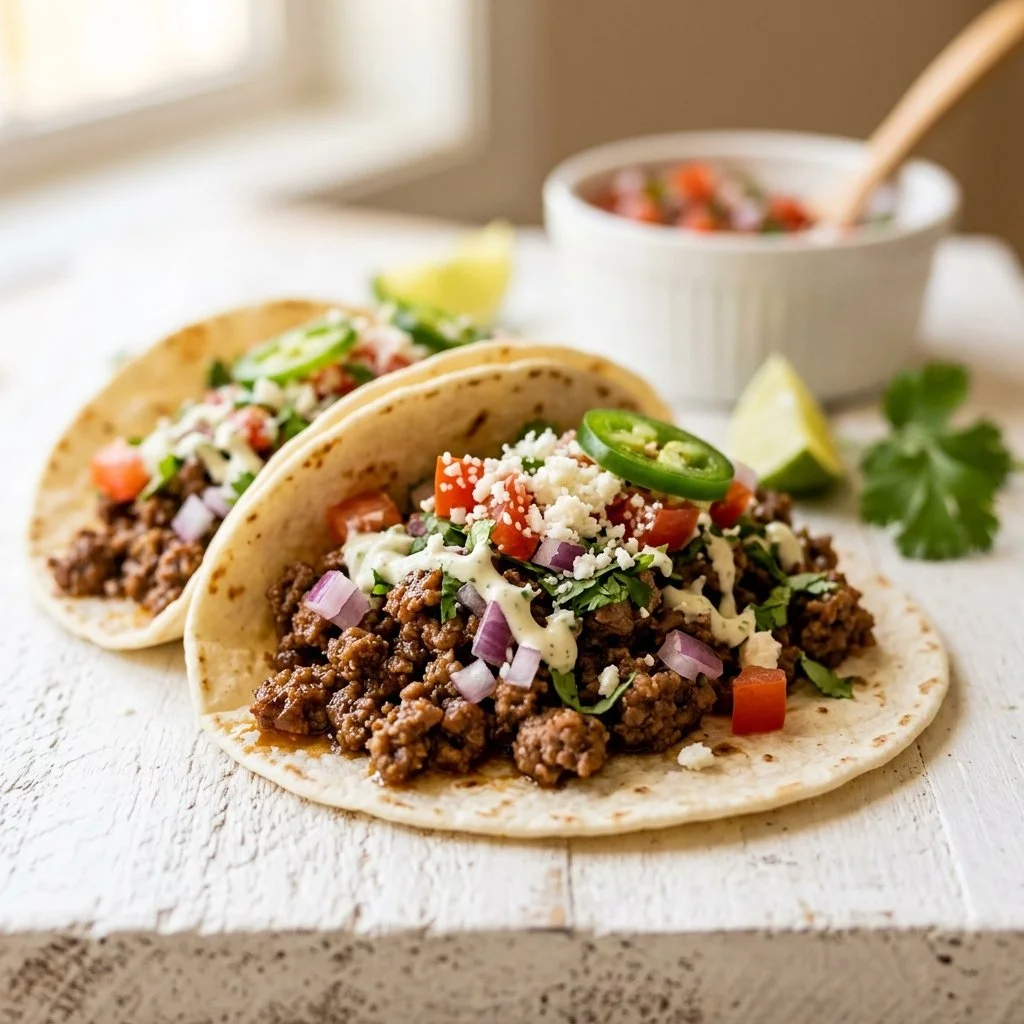 Delicious homemade beef tacos served with fresh toppings
