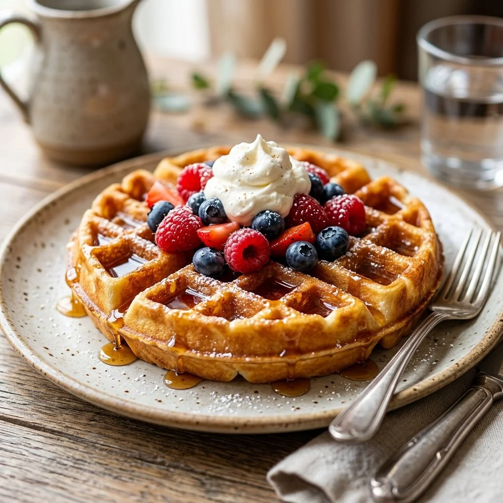 Delicious Belgian waffles topped with strawberries, whipped cream, and syrup