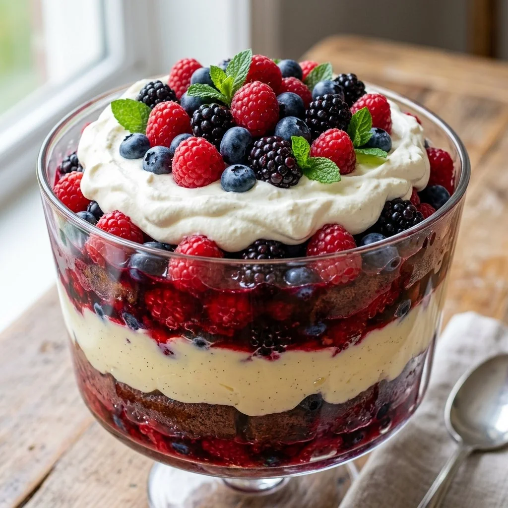 Delicious homemade berry trifle with layers of berries and cream