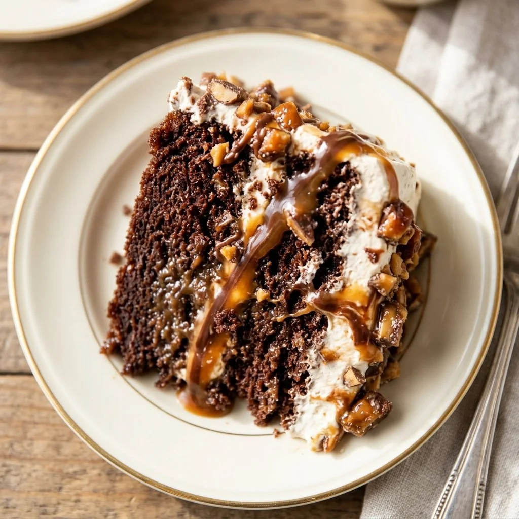Decadent Better Than Sex Cake topped with chocolate and whipped cream.