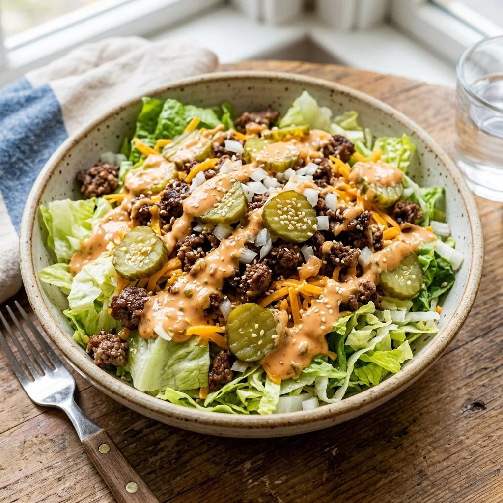 Delicious Big Mac Salad with burger toppings and fresh ingredients