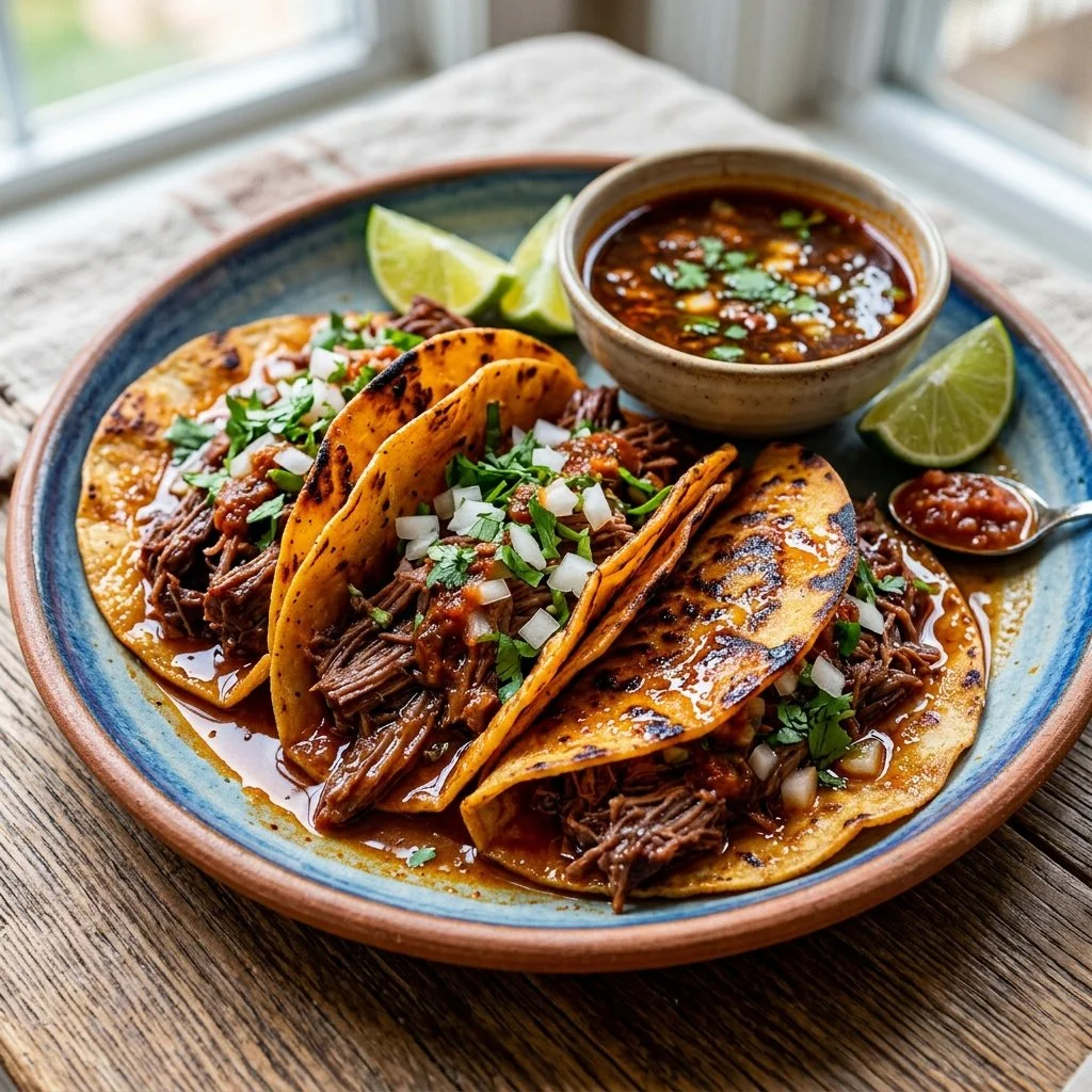 Delicious Birria Tacos served with consomé and garnished with fresh herbs.
