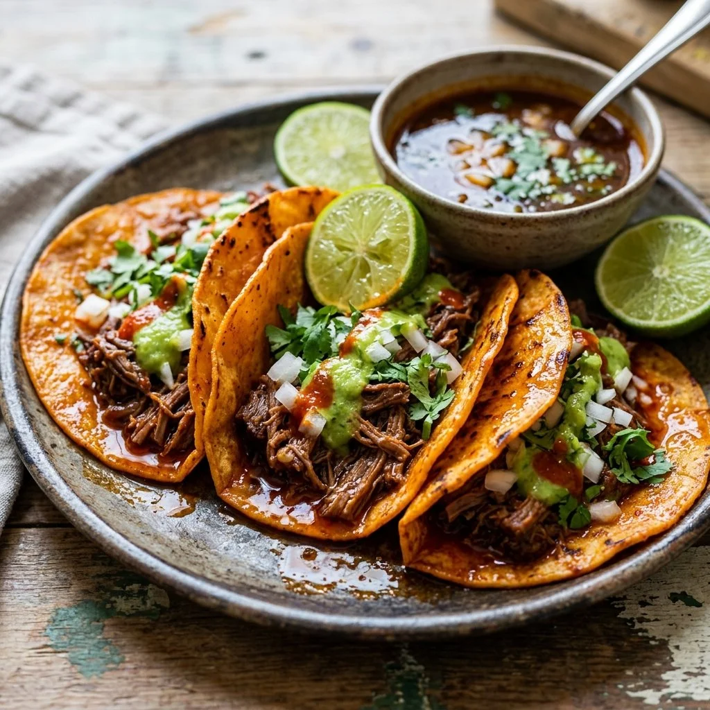 Delicious Birria Tacos served with flavorful broth and garnish