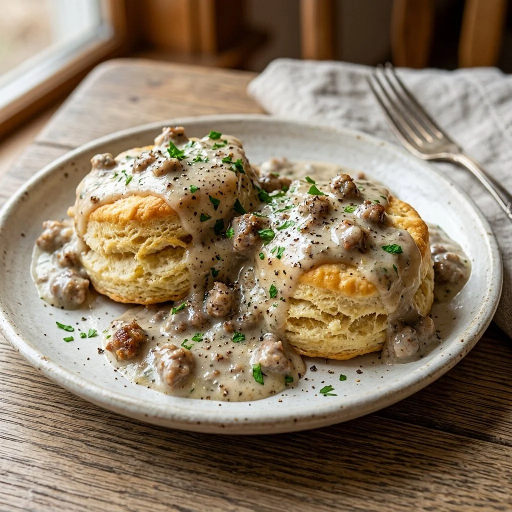Delicious biscuits and gravy served in a bowl for a hearty breakfast.