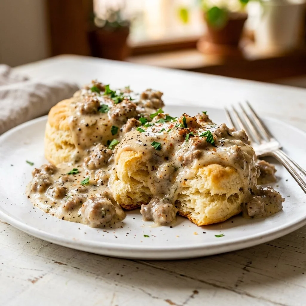 Delicious biscuits and gravy served in a bowl, perfect for breakfast.