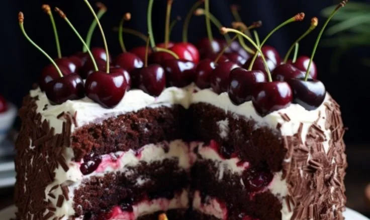 Delicious Black Forest Cake with layers of cherries and whipped cream