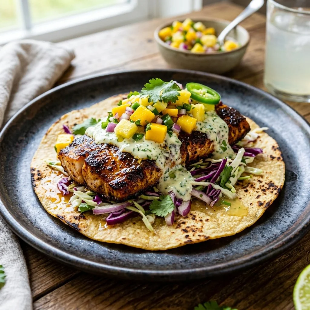 Delicious blackened fish tacos garnished with fresh toppings and served in corn tortillas.