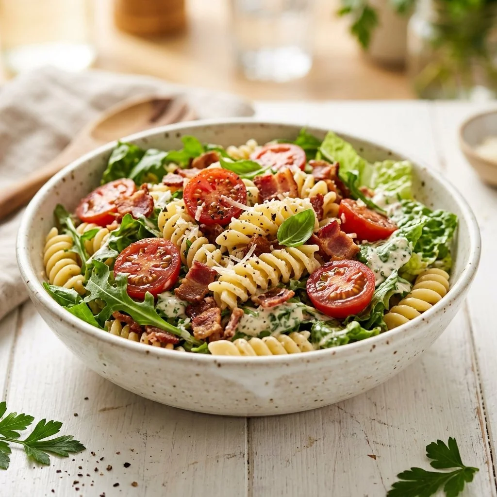 Delicious BLT pasta salad with bacon, lettuce, and tomatoes