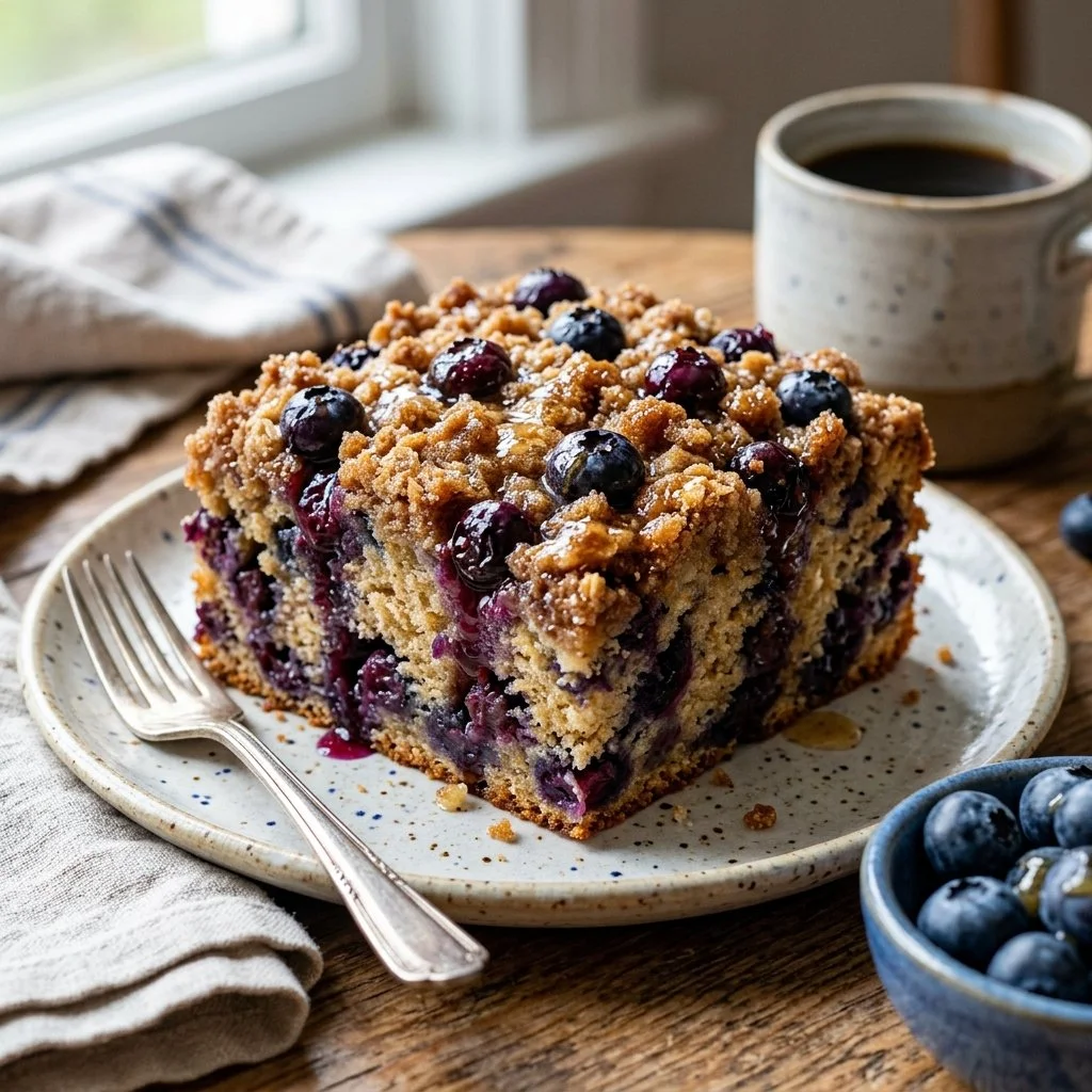 Delicious blueberry coffee cake topped with fresh blueberries and crumbs