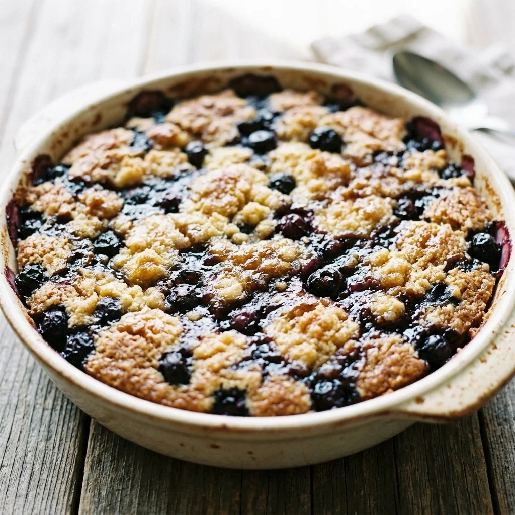 Delicious blueberry dump cake served fresh from the oven