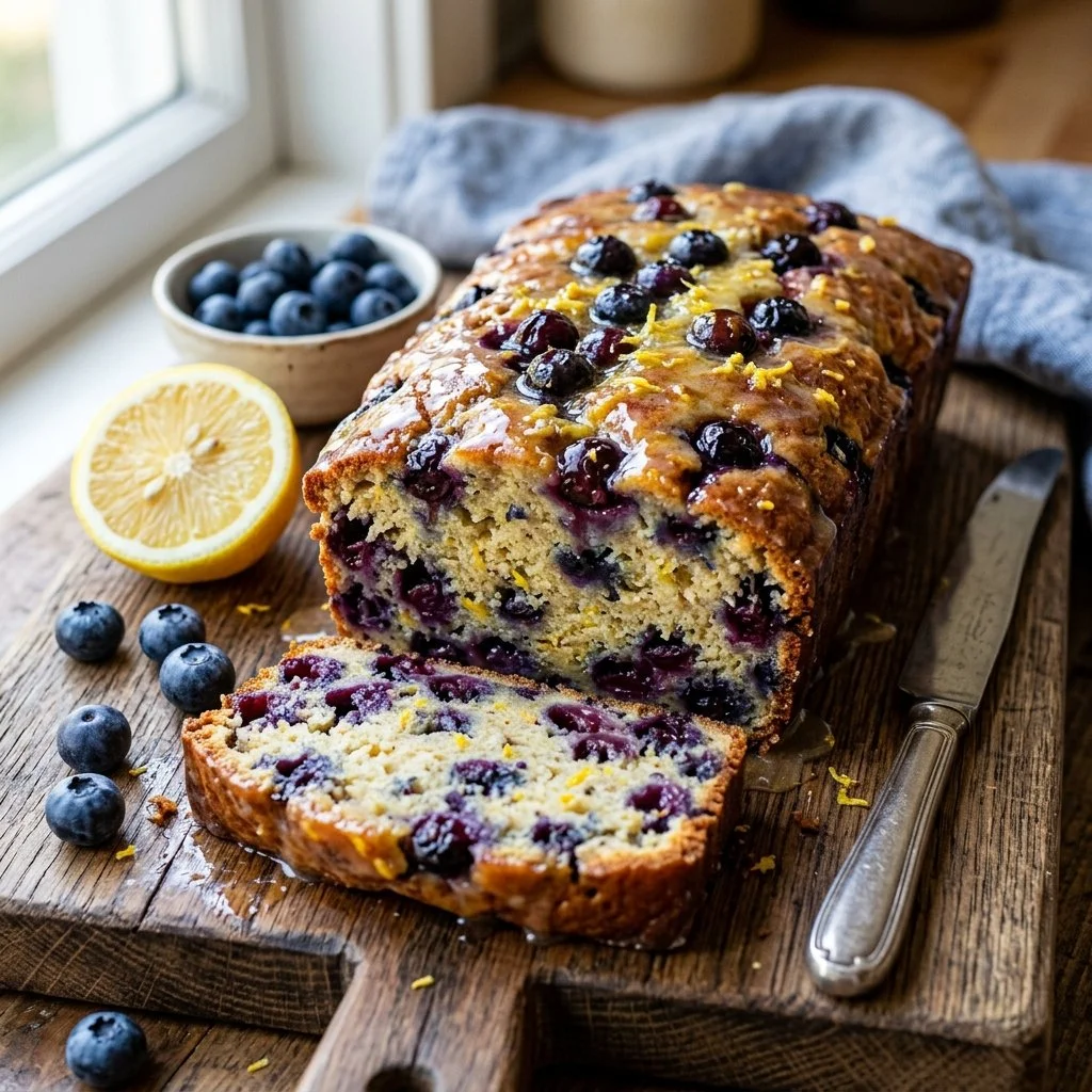 Freshly baked blueberry lemon bread with a vibrant lemon glaze