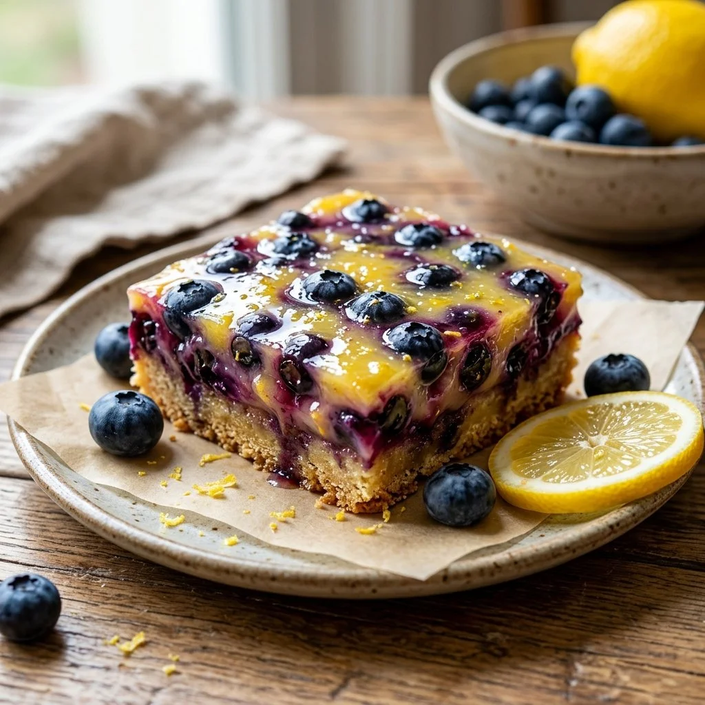 Delicious blueberry lemonade bars garnished with fresh blueberries and lemon slices