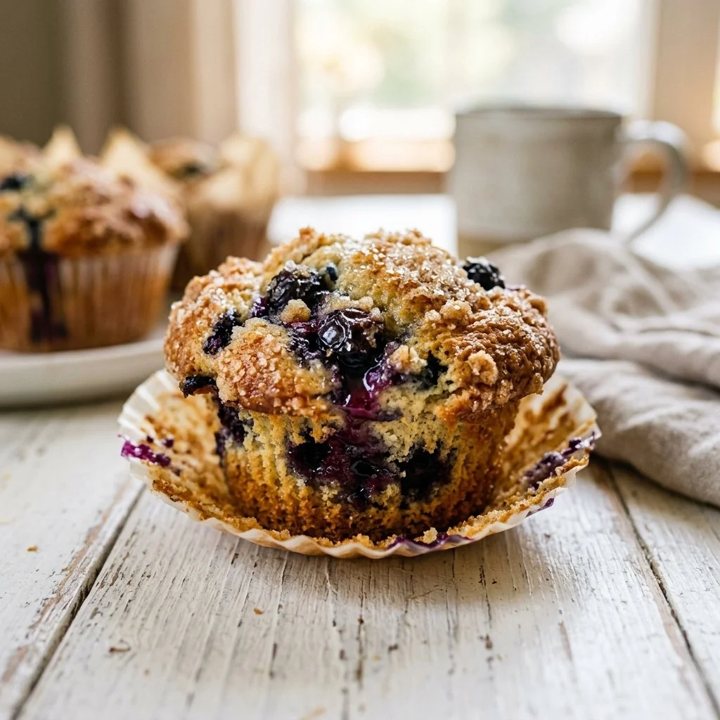 Freshly baked blueberry muffins displayed on a rustic wooden table
