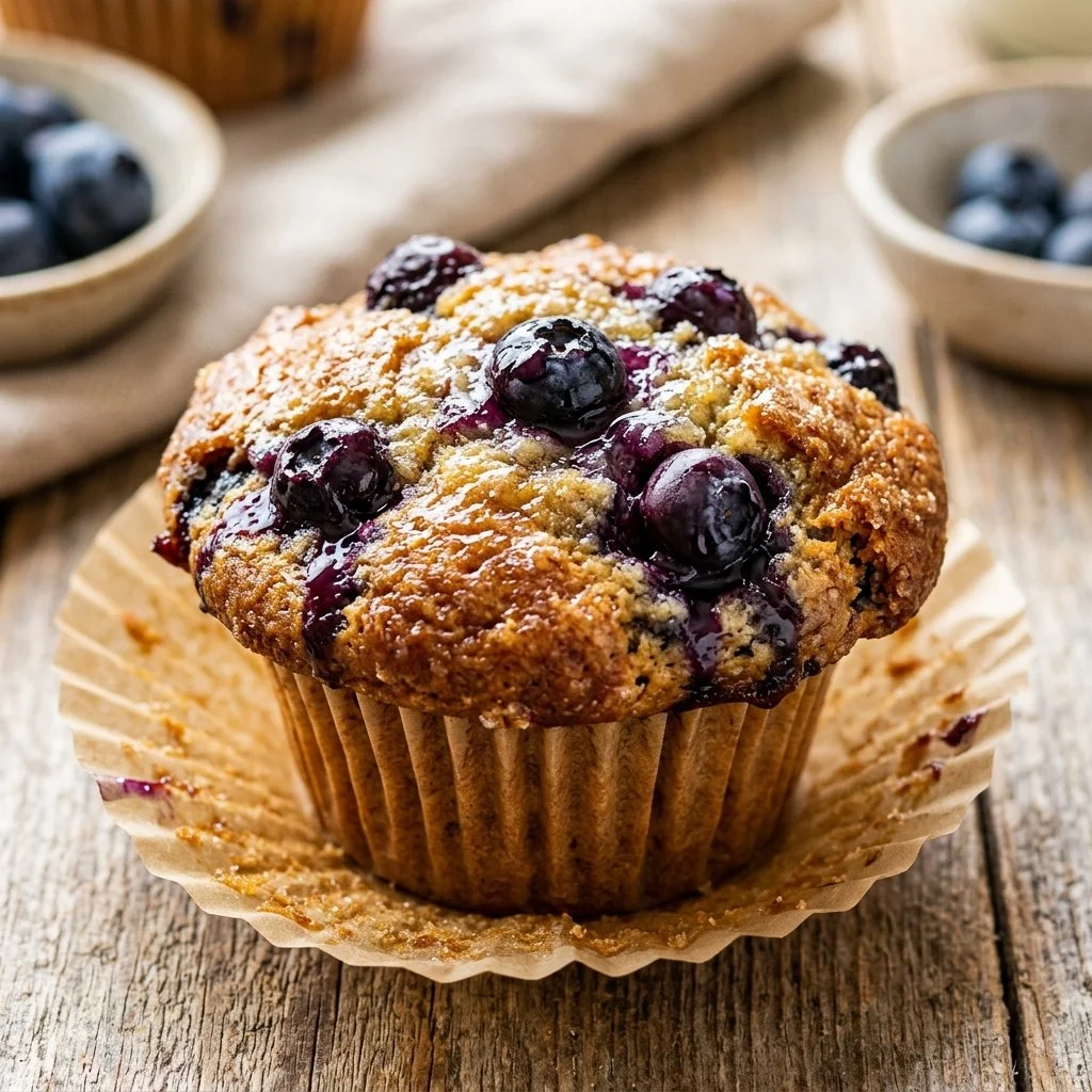Freshly baked blueberry muffins with juicy blueberries on a rustic wooden background