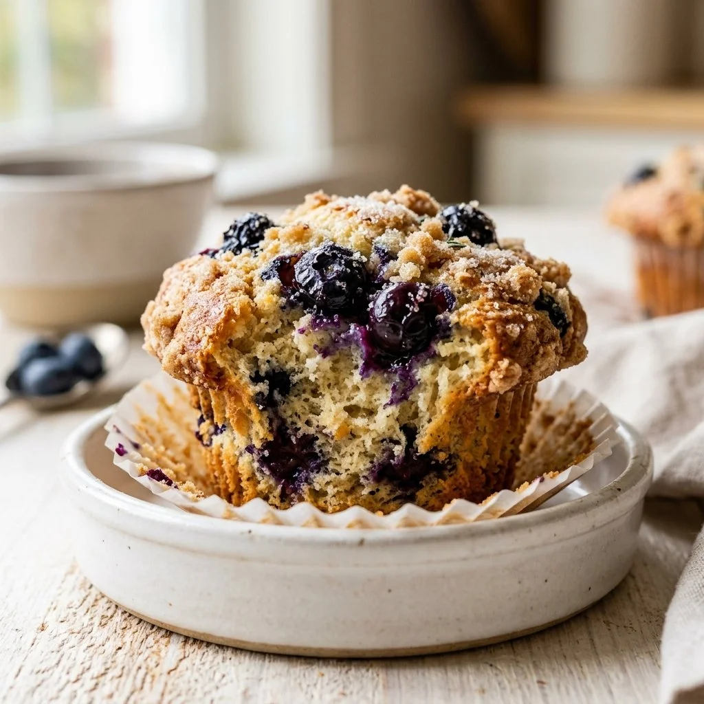 Freshly baked blueberry muffins on a wooden table